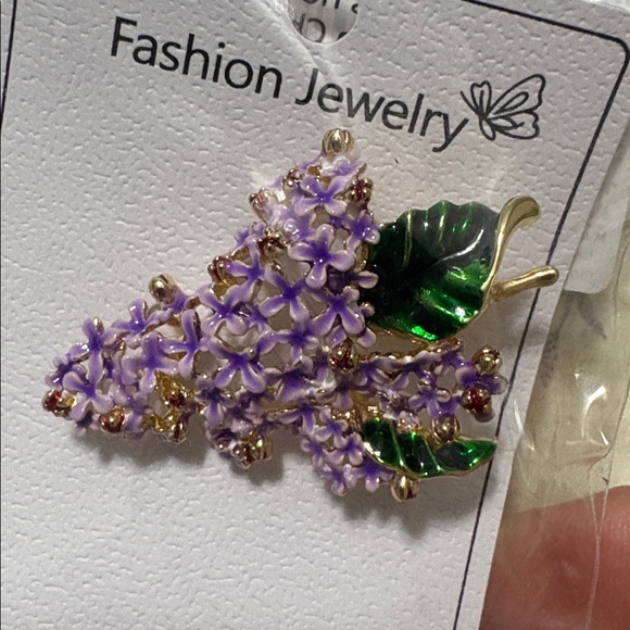 Lilac Flower Enamel Brooch with rhinestone Accents - Picture 7 of 8
